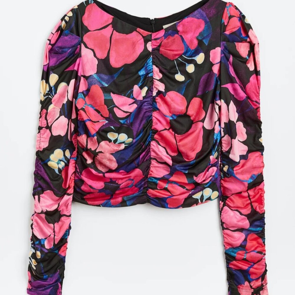 H&M Womens Gathered Puff Sleeve Floral Print Long Sleeve Top Blouse SZ LG